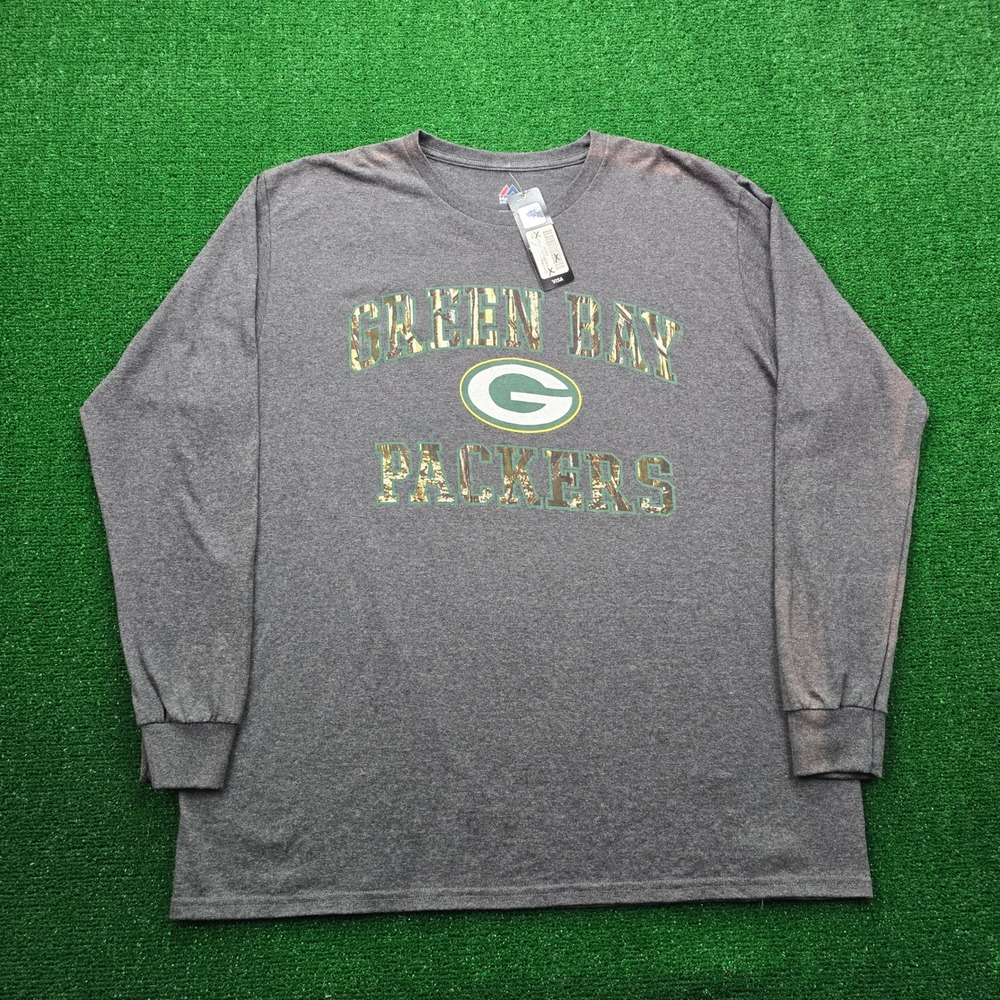 Green Bay Packers Tshirt Mens 2XL Gray Long Sleeve Camo Logo NFL Football